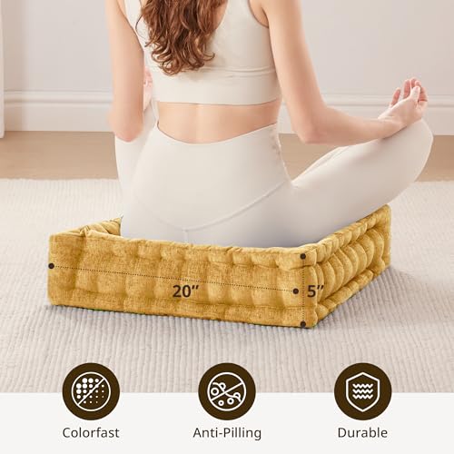 Intelligent Design Floor Pillow Large Meditation Cushion, 20x20 Yellow | Sitting for Adults Yoga, Shredded Foam Filled, Chenille Tufted Cover, Handsewn Scalloped Edge, OEKO-TE Certified - color: Yellow