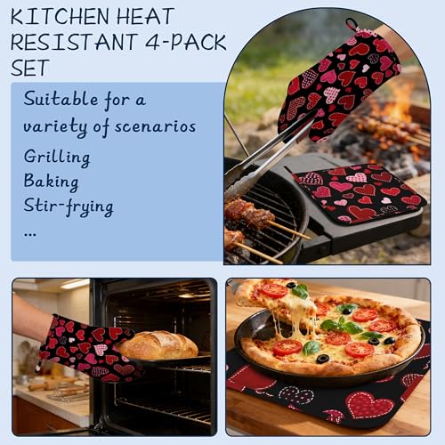 Red Hearts Pot Holders and Oven Mitts,Cute Oven Mitts Heat Resistant Cotton Lining Anti-Slip Silicone Kitchen Mitts Set Hot Pads for Microwaves Cooking Baking Grilling - color: Red Hearts