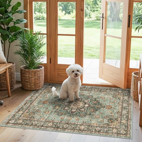 3x4 Rugs for Kitchen Entryway Bathroom: Non Slip Thin Door Mat Small Runner | Vintage Distressed Low Pile Area Rug, Soft Doormat Easy-Clean Decorative Rug for Pets Family Stain Resistant Indoor Entrance - color: Green, size: 3' x 4' (Rectangular)