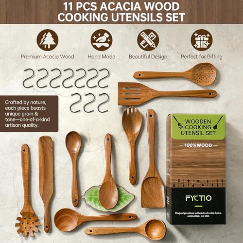 11 PCS Natural Acacia Wooden Utensil Set Wooden Spoons for Cooking | Non-Toxic, Nonstick Friendly, Sturdy & Easy to Clean, With Ceramic Spoon Rest & 10 Hooks, Ideal Housewarming Gift - size: 11 PCS SET