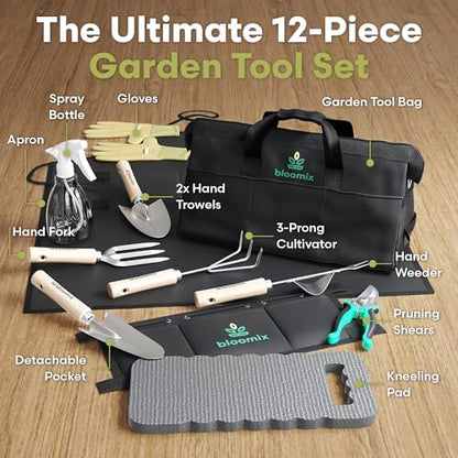 Bloomix 12Pcs Gardening Tools Set - Heavy Duty Garden Tools Set with Tool Bag, Kneeling Pad, Apron & More Garden Accessories - Stainless Steel Plant Care Kit Supplies, Gardening Gifts for Women Men
