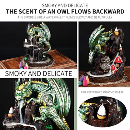 Dragon Backflow 2 Sided Mountain Waterfall Incense Burner,Fountain Smoke Incense Holder with Backflow Incense Cones, Tweezers, Mat，Resin Aromatherapy Meditation (Green) - color: Green