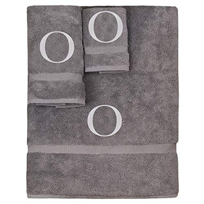 Monogrammed Towel Set, Personalized Gift, Set of 3- Silver Block Letter Embroidered Towel - Extra Absorbent 100% Turkish Cotton - Soft Terry Finish - Initial O Gray - color: Gray & Silver, size: Initial - O