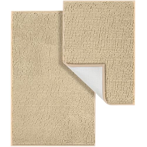 LINLA Bathroom Rugs Sets 2 Piece, Absorbent Soft Chenille Bath Mat, Beige | Non-Slip ,Quick Dry, Washable, Carpet Mats for Floor, Tub and Shower,32" x 20"/24" x 17" - color: Beige