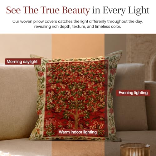 William Morris Tree of Life Red I Tapestry Throw Pillow Cover 18 x 18 in - color: Brown,cream,green,red,beige