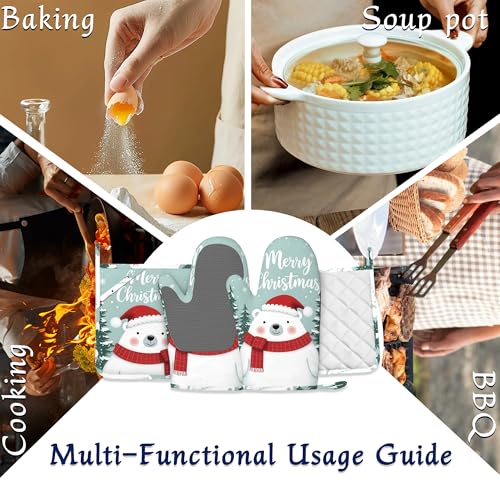 Cute Polar Bear Oven Mitts and Pot Holders Winter Merry Christmas Silicone Kitchen Accessories Set of 4 Heat Resistant Non-Slip Long Gloves Potholder for Chef Cooking Baking Gifts Women Men - color: Cute Polar Bear,winter Merry Christmas