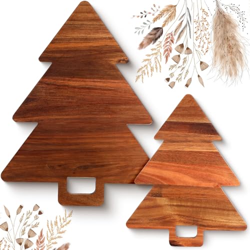Lallisa 2 Pieces Christmas Tree Charcuterie Board Wooden with Handles Christmas Cutting Board Platter Acacia Kitchen Cutting Chopping Board for Kitchen Cheese Fruit Bread Snack Dessert, 2 Sizes