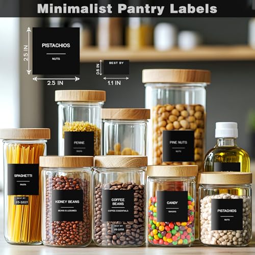 288 Pantry Labels for Food Containers, Black Preprinted Minimalist Waterproof Stickers for Organizing Storage Bins, Jars and Kitchen - style: Black Square Pantry Labels