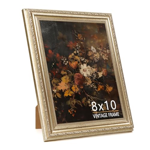 8x10 Picture Frame, Ornate Champagne Silver 8x10 Photo Frame with Subtle Gold Sheen, Elegant Vintage Photo Frame for Wedding Photos, Moody Prints, Home Décor - 1 Pack - color: Distressed Champagne Silver, size: 8x10 - 1 Pack