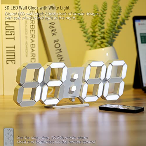3D LED Digital Wall Clock ,9.7", Large Display Table/ Desk Clock with Remote Control 12/24H Temperature (White Light) - color: 9.7in Clock-white Light