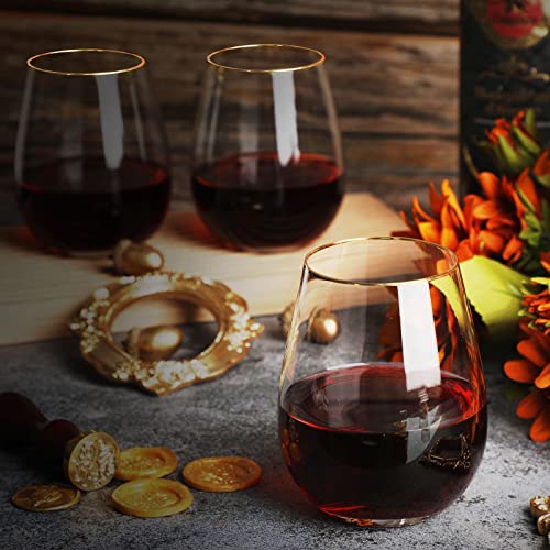 Mimorou Stemless Wine Glasses & Gold Rim, Set of 8, 15 oz Red Wine Glasses | Gold Rimmed, Elegant Style, Stable Base Prevents Tipping, for Wedding Party Events or Daily, as a Housewarming Gift