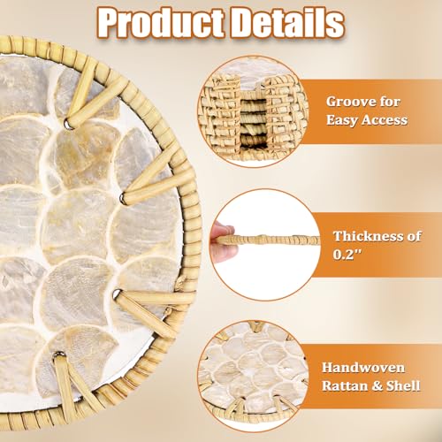 Coastal Coasters Set of 6, Boho Coaster Set with Holder - Cup Mat for Coffee Table, Boho Coaster Home Décor Accents, Heat Insulation, Rattan & Mother of Pearl Coasters, 4 Inch(Fish Scale) - style: Fish Scale