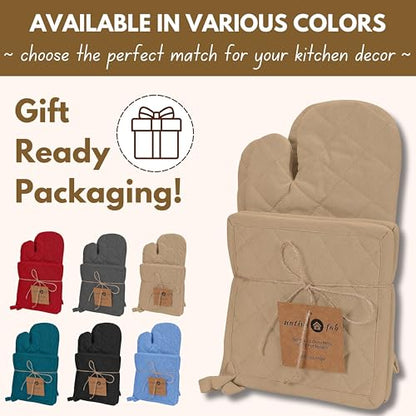 Native Fab Pot Holders and Oven Mitts Sets for Kitchen Heat Resistant- Hanging Non-Slip - 100% Cotton Oven Mitts and Pot Holders 4-Piece Set- Beige - color: Beige