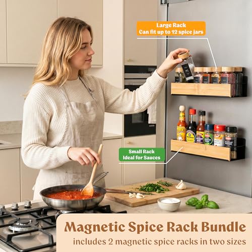 Square Glass Spice Jars (24 x 4oz) with Bamboo Lids + Magnetic Spice Rack for Refrigerator (Fits 12 Jars) + Bonus Slim Auxiliary Rack, 240 Labels, Shaker Inserts, Funnel - color: Bamboo Black Labels + Magnetic Rack