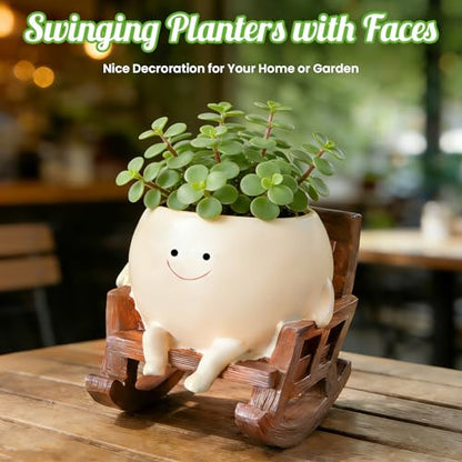 Smiley Face Planter Pot, Cute Resin Flower Head Planters for Indoor Outdoor, Unique Rocking Chair Plant Pot for Succulents Plants Live with Drainage Hole, Gift IdeaI for Mother Christmas (Small)