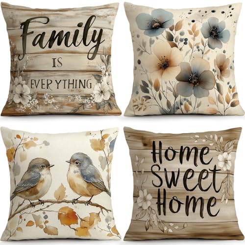 Beige Bird Floral Pillow Covers Set of 4, 18x18 Home Sweet Farmhouse Decor | Faux Linen Vintage Bird Floral Pillow Covers with Home Sweet Add Cottage Farmhouse Style to Sofa Bedroom Porch - color: Home Sweet Flowers Birds, size: 18" x 18" (Pack of 4)