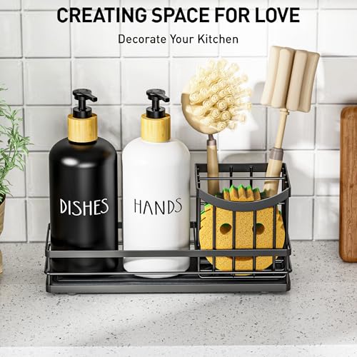 Moforoco Kitchen Dish Soap Dispenser Set, 16OZ Glass Bottle, Hand and Dish Soap Dispenser Set, Instant Dry Tray, Brush Holder with Smiley Face Sponge Holder (Universal Black Tray+Black&White Bottle) - color: Universal Black Tray+black&white Bottle