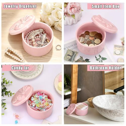 ELLDOO Body Powder Puff and Container, Wedding Bridal Shower Gifts (Pink) | Ceramic Loose Dusting Powder Storage Box with 2pcs Powder Puffs for Baby Women, Jewelry Trinket Box with Bow Lid - color: Pink