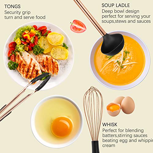 MIBOTE Silicone Cooking Kitchen Utensils Set, Wooden Handle, Coffee | BPA-Free, Non-Toxic Silicone Turner, Tongs, Spatula, Spoon Set – Great for Nonstick Cookware, Heat-Resistant, Easy Clean - color: 1-Copper