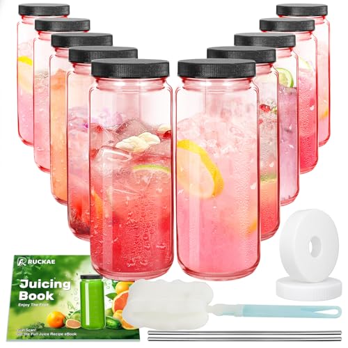 Ruckae Pink 16oz 10 Pack Juice Bottles, Glass Bottles Juicing with Lids, Smoothie Cup Lids and Straws, Water Bottle Mason Jar Drinking Glasses for Juicing, Smoothies, Kombucha - color: Pink, size: 16oz-10pack