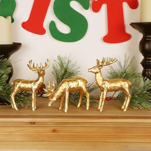 Lulu Home 3 PCS Christmas Tabletop Decorations, Resin Reindeer Peer | Golden Reindeer Figurines, Diverse Postures, Xmas Holiday Winter Centerpieces Ornaments for Mantel Shelf Sill Decor - style: 3 Peers
