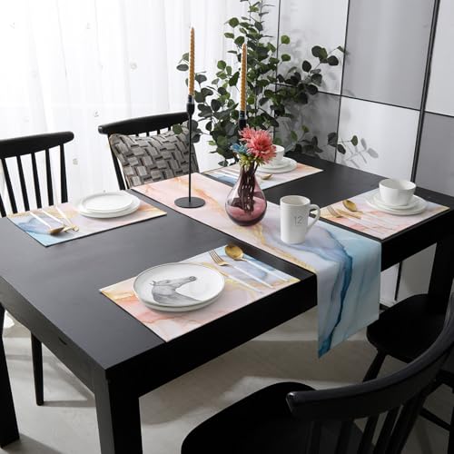 Table Runner and Placemats Set of 4 Marble Texture Decorative Dining Table Runner with Matching Placemats Gold Abstract Art Table Decor for Kitchen Dining Room and Everyday Use 13x70in - size: 13"x70"+4pcs