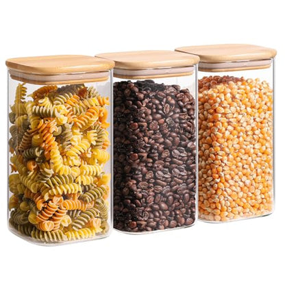 ComSaf Glass Storage Containers wtih Lids 1.4 Qt, Set of 3 Galss Jars | Glass Pantry Storage Containers, Square Kitchen Canisters, Lid with Silicone Seal, Cookie, Cereal, Coffee, 44oz, BPA Free - size: 1.4Qt*3