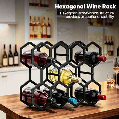 3-Tier Hexagon Metal Countertop Wine Rack, 11 Bottles Tabletop Wine Bottle Holder Stand for Cabinet Pantry, Indoor Outdoor Home Bar Storage Organizer - size: 3-Tier Hexagon Black