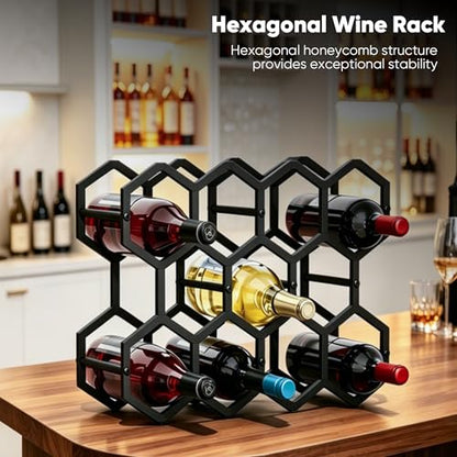 3-Tier Hexagon Metal Countertop Wine Rack, 11 Bottles Tabletop Wine Bottle Holder Stand for Cabinet Pantry, Indoor Outdoor Home Bar Storage Organizer - size: 3-Tier Hexagon Black