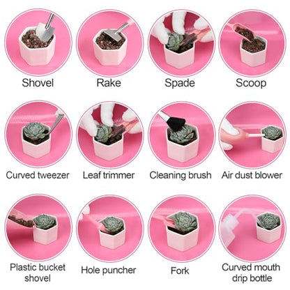 ANPHSIN 44pcs Small Gardening Tools Gifts for Women Beginners, Pink | Garden Hand Tools Set for Indoor Succulent, Bonsai, Plants Transplanting, Included Bag/Repotting Mat/Shovel/Labels - color: Pink
