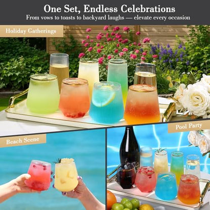 48 Pack Plastic Glasses – 24 x 9oz Stemless Champagne Flutes & 24 x 12oz Stemless Wine Glasses – Elegant Disposable Shatterproof Cup – BPA-Free Drinkware for Weddings, Parties (Clear Ribbed) - color: Clear Ribbed