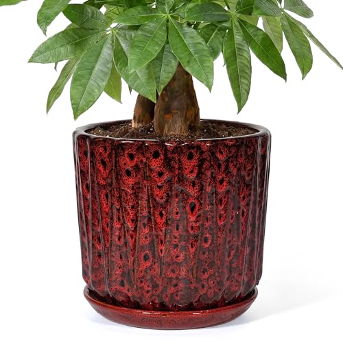 10 Inch Ceramic Planter Pot with Saucer Drainage Leak-Proof Mesh,Flower Pots for Indoor Plants with Gardening Gloves,Ceramic Planter(Spotted Red) - color: Spotted Red, size: 10 Inch