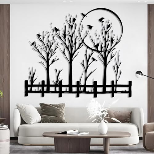 Birds on Tree Branch Metal Wall Art, Tree of Life Metal Wall Decor, Field of Trees Wall Decor, Large Trees Wall Sculpture, Forest Silhouette Wall Hanging for Indoor, Outdoor (Black, 35"x30"/90x76cm) - color: Black, size: 35L" x 30W"