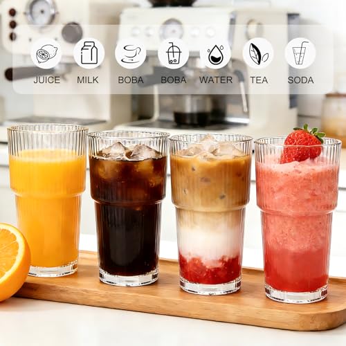 Accguan 18oz Ribbed Glass Tumbler with Straw and Lid, 6Pack Glass Cup | Reusable lced Coffee Cups with lids-Glass Cups with Lids for Smoothie,Coffee,Juice,Tea,Travel Mug,Cold & Hot Beverages - size: 18oz without handle-6pcs