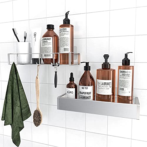 Bathroom Adhesive Shower Caddy Basket Shelf with Hooks, No Drilling Removable Bathroom Shelf Organizer,Stainless Steel Rustproof Shower Rack for Shampoo Storage, Sponge Holder-Silver - color: Silver