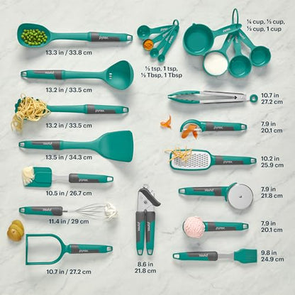 Pyrex 22-Piece Kitchen Cooking Utensils Set, Nonstick Cooking Gadgets | Spatulas, pizza wheel, grater, measuring, made without lead, cadmium, & BPA