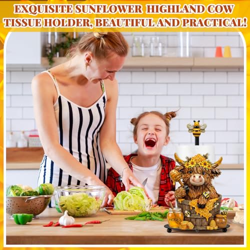 Bee Highland Cow Paper Towel Holder Sunflower Honey Kitchen Bathroom Decor Farmhouse Large Metal Highland Cow Honeycomb Towel Holder Stand with Round Base for Home Countertop Accessories - style: Honey Bee