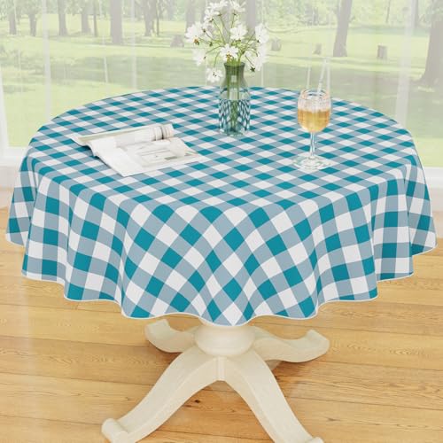 Smiry Plastic Table Cloth, Waterproof Vinyl Tablecloth with Flannel Backing, Wipeable Buffalo Plaid Table Cover for Picnic, Indoor and Outdoor (Turquoise & White, 60" Round) - color: Turquoise & White, size: 60" (Round)