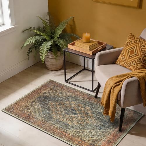 Keen Home Design Vintage Washable Entryway Rug, Non-Slip Low Pile, 2x3 | Machine Washable Cotton Chenille, 0.25In Low Pile, Rubber Non-Slip Back; Kitchen, Entryway, Bathroom, Bedside - color: Blue/Brown, size: 2' x 3' (Rectangular)