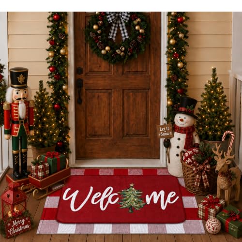 Tinideya 2 Pcs Christmas Doormats Xmas Tree Welcome Outdoor Door Mats Red and White Layered Front Door Rugs Non Slip Floor Mats for Holiday Porch Entryway Xmas Holiday Seasonal Decor - size: 16 x 28 Inch,24 x 35 Inch, style: Xmas Tree