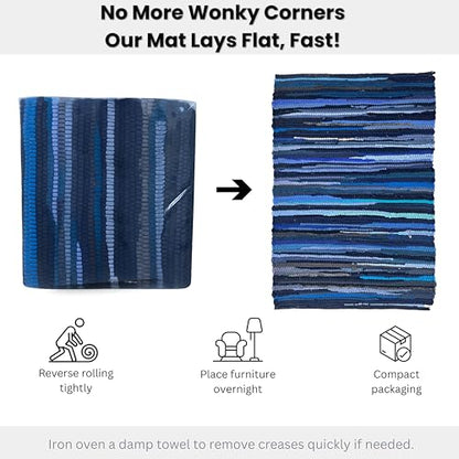 Chindi Kitchen Rug 2x3 Feet - Navy | Cotton Hand Woven Throw Rugs for Bathroom, Easy Clean Accent Camping Carpet - color: Navy, size: 2 x 3 feet