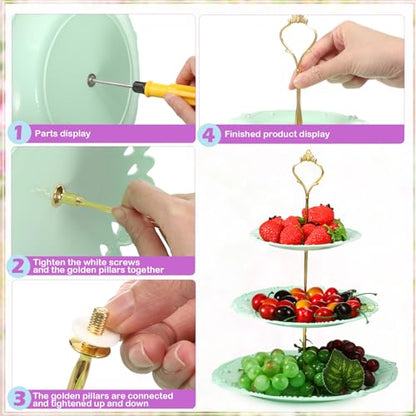 6 Pcs 3 Tier Cupcake Stand Tea Party Trays 3 Tier Serving Tray Plastic Dessert Stand Cake Fruit Candy Display Tower for Wedding Birthday Tea Party (Round,White,Pink,Green) - color: White,pink,green, size: Round