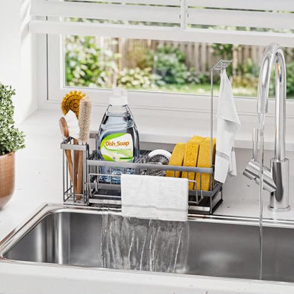 Kitchen Sink Organizer, Stainless Steel Sponge Holder, Silver | Rust-Resistant Steel, Detachable Draining Board, Compartment Divider, Brush Holder & Towel Bar, Ideal for Kitchen Storage - color: Silver
