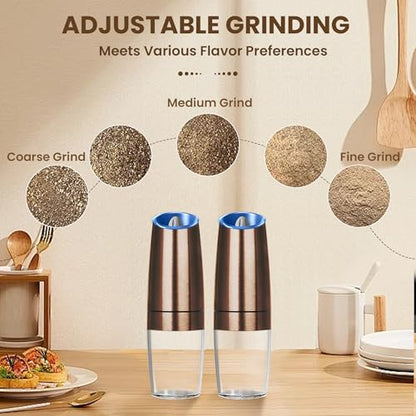 Battery Gravity Salt Pepper Grinder Set, 2 Pack (Copper) | Gravity Automatic Grinder With LED Light & Adjustable Roughness, Each Requires 6 AAA Batteries For Kitchen Daily Seasoning - color: Battery/Set/Copper