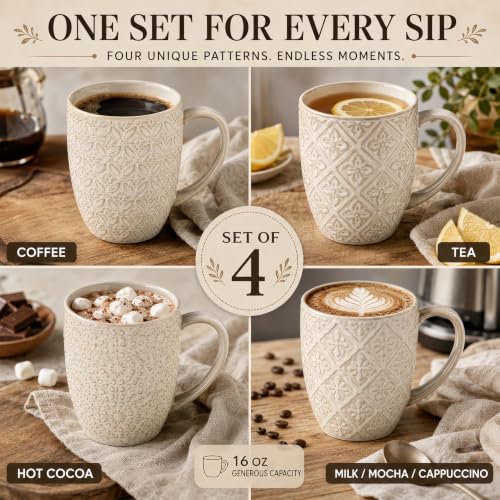 Coffee Mugs Set of 4, 16 Oz Ceramic Coffee Mugs, Large Porcelain Embossed Cups for Cocoa, Tea, Milk, Mocha, Cappuccino, Microwave & Dishwasher Safe, Comfort Handle, 3.5 x 4.5 inch - color: C1