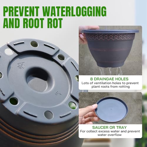 8 Inch Plaid Plant Pots 6 Pack with Drainage and Saucers Copper | Copper plaid PP pots with drainage holes and saucers for herbs succulents starter plants shelves windowsills - color: Copper, size: 8 Inches-6 packs