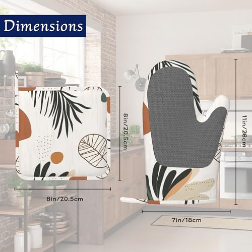 Boho Palm Leaf Potholders & Oven Mitts Sets Abstract Geometric Silicone Heat Resistant Oven Mits and Hot Pads Non-Slip Pot Holders Gloves for Kitchen Chef Cooking Baking Grilling BBQ - color: Boho Palm Leaf,abstract Geometric