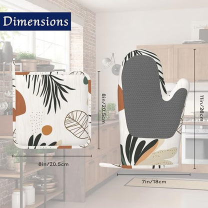 Boho Palm Leaf Potholders & Oven Mitts Sets Abstract Geometric Silicone Heat Resistant Oven Mits and Hot Pads Non-Slip Pot Holders Gloves for Kitchen Chef Cooking Baking Grilling BBQ - color: Boho Palm Leaf,abstract Geometric
