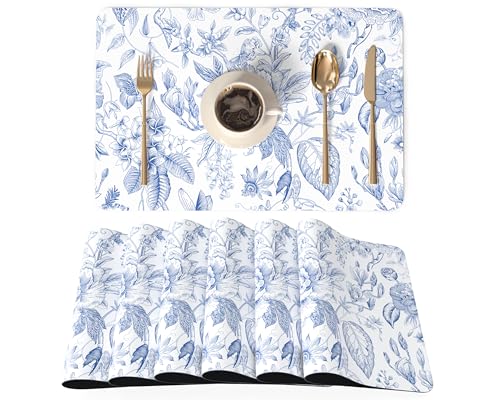 QIYI PU Leather Placemats Set of 6, 12"x18" Waterproof Table Mats, Toile | Faux Leather, Heat Resistant, Anti Slip, Wipeable Place Mats for Kitchen Dinning, Party Table Décor, Blue Flowers - color: Classic Blue Flowers, size: Set of 6