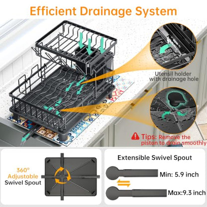 2 Tier Large Detachable Dish Drying Rack for Kitchen Counter,Black | Compact Drying Rack Kitchen, Rust-Resistant Dish Drainer Organizer, Space-Saving Dish Racks with Drainboard, Utensil Holder - color: 2 Tier-black